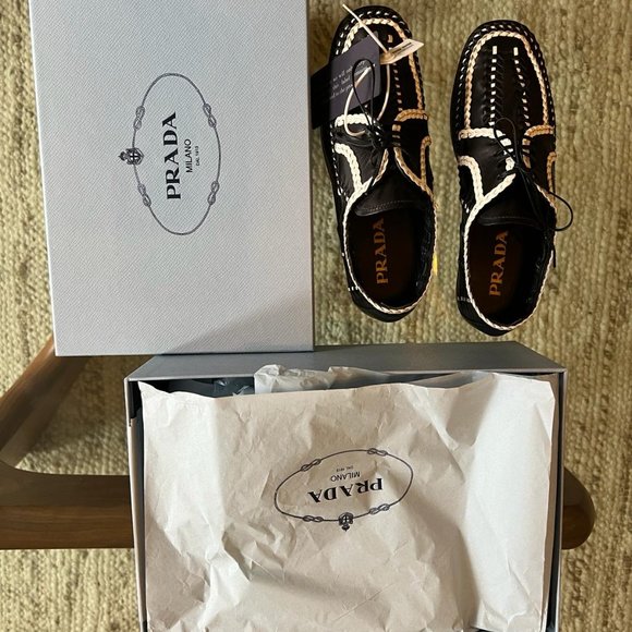 Prada Black/White woven Lace-Up Loafer Moccasins *New with Tags* - Picture 9 of 9